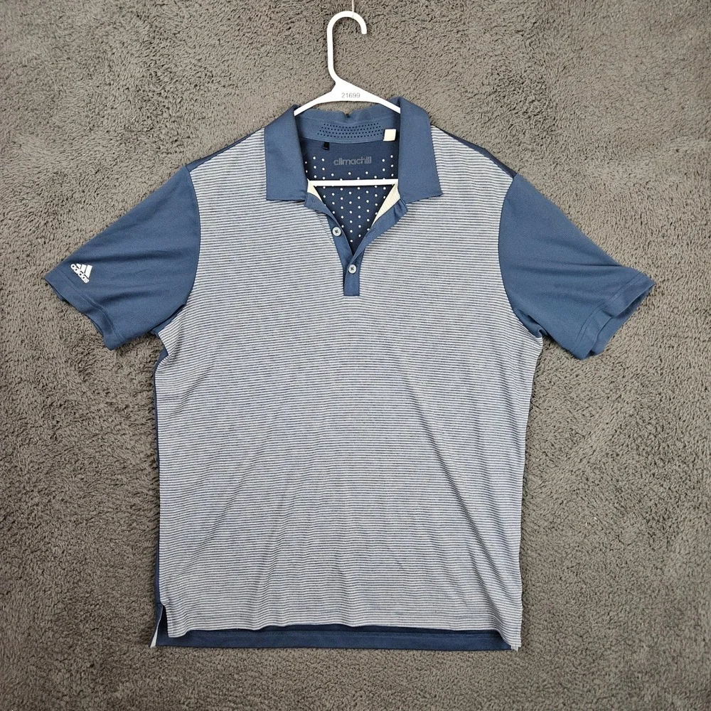 Adidas Climachill Mens Large Blue Gray Striped Golf Polo Shirt